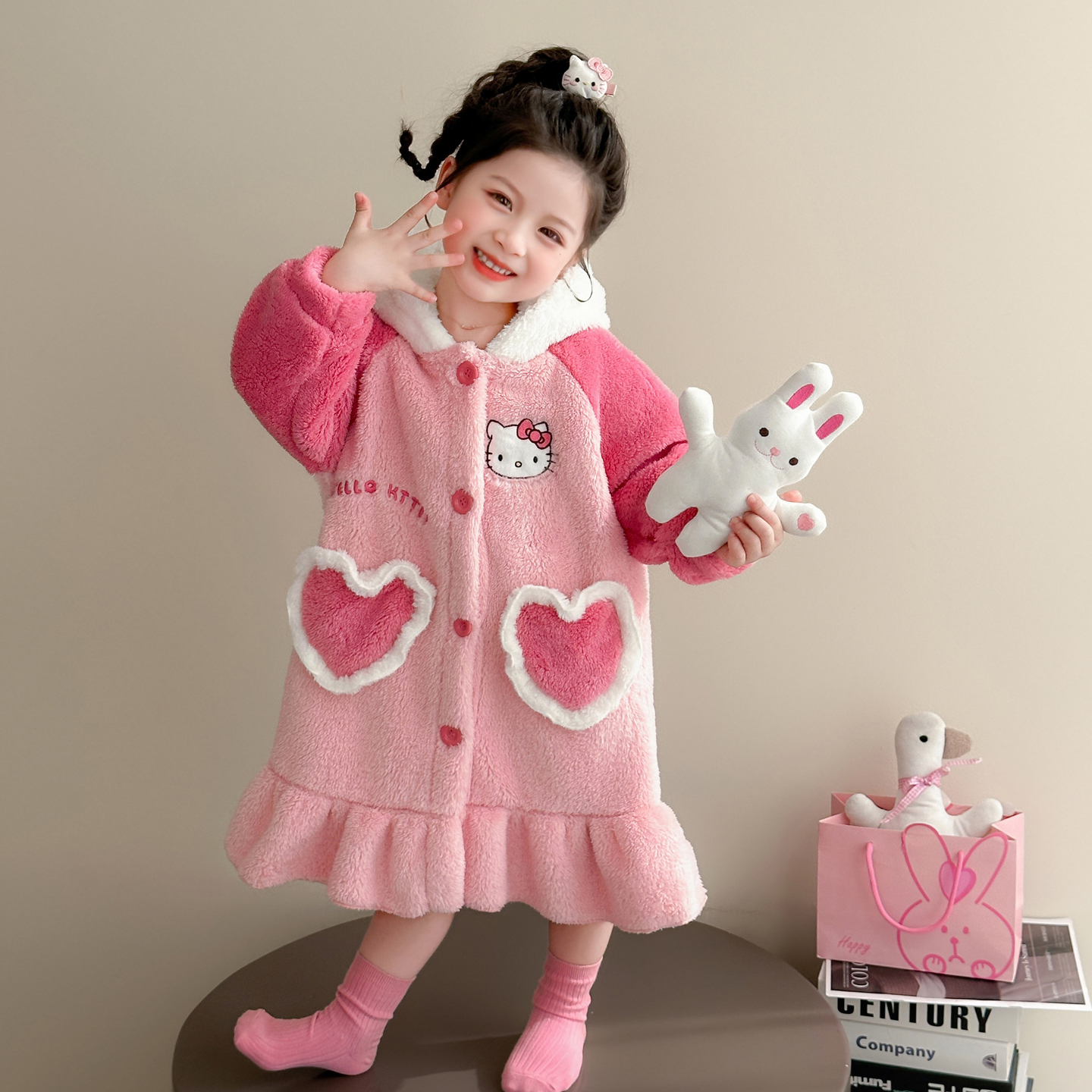 女童睡袍法兰绒卡通秋冬季珊瑚绒女孩家居服儿童睡衣加厚冬装浴袍