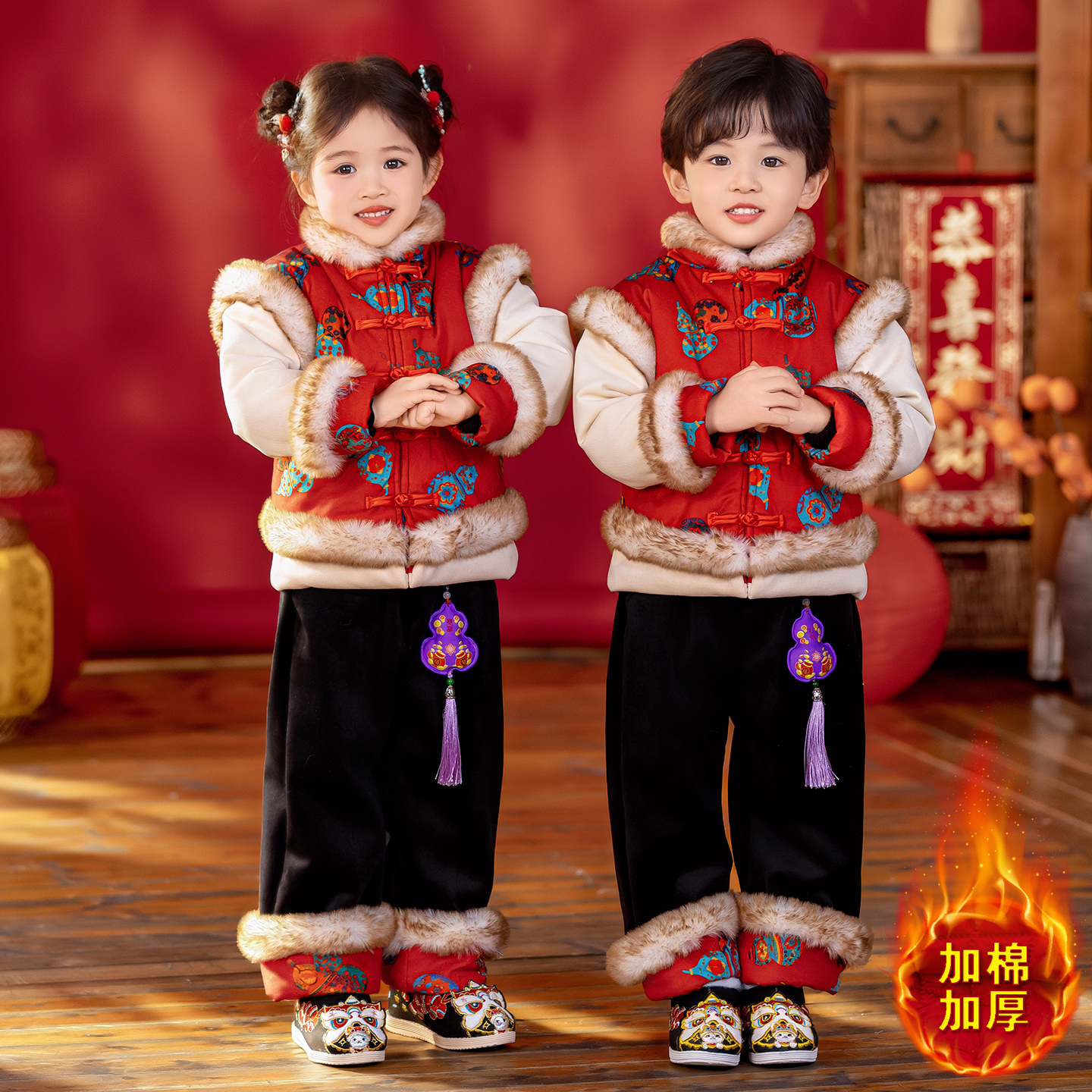 【冬上新】男女童加厚拜年服套装