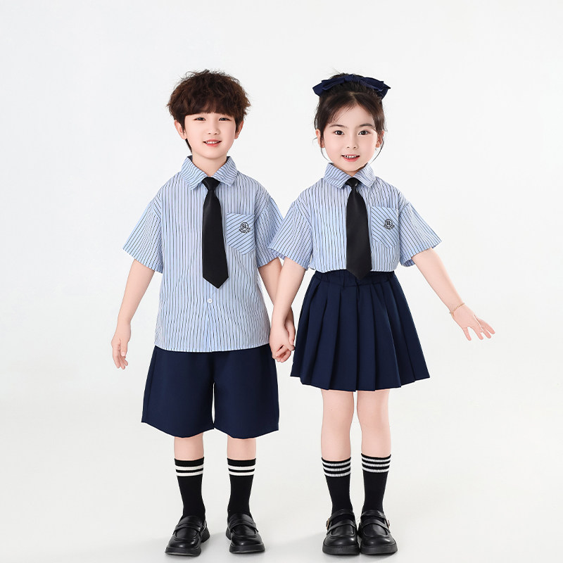 男女童条纹短袖衬衫学院风套装