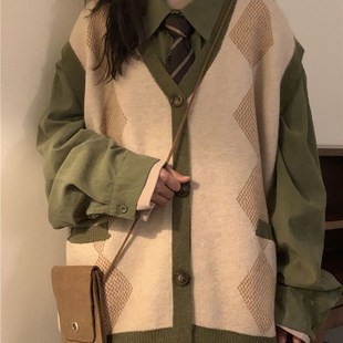 两件套装 日系复古慵懒风叠穿针织衫 毛衣背心马甲女学生 绿色衬衫