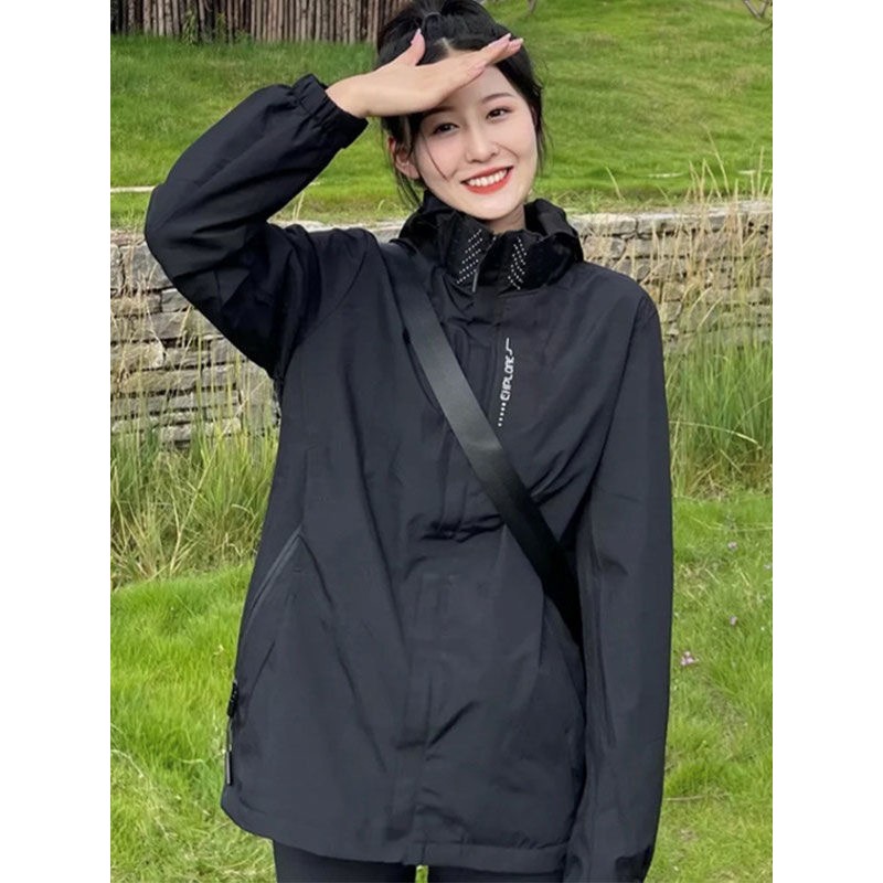 黑色美式冲锋衣外套女春秋