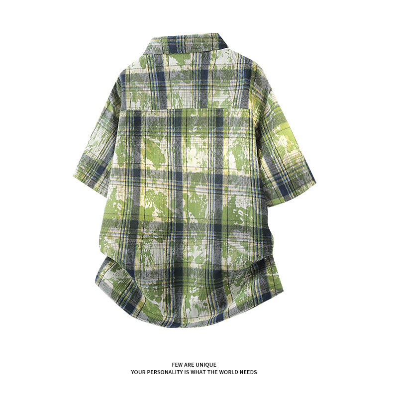 夏季新款男士短袖衬衫个性翻领扎染休闲宽松格子衬衣男外搭上衣
