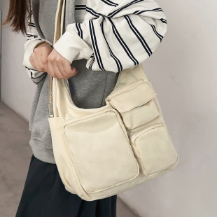 2025新款 帆布包女日系大容量休闲单肩包通勤多口袋通勤上班斜挎包