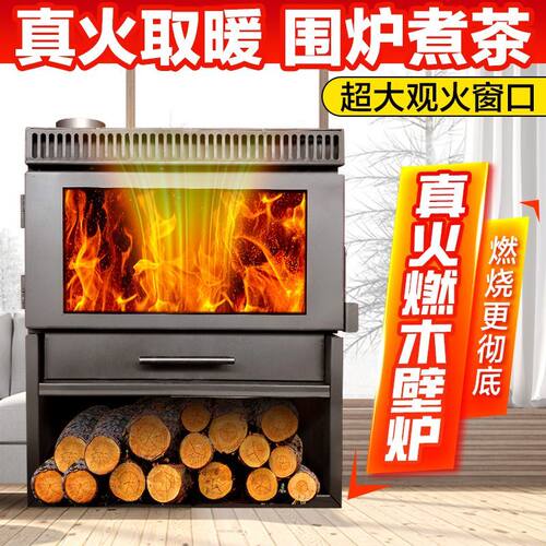 柴煤两用气化炉家用真火取暖炉观景壁炉独立储柴