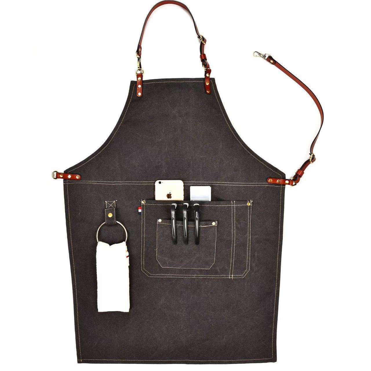 定制厂家生产深灰水洗复古交叉真皮配件烧烤工作围裙定制logo