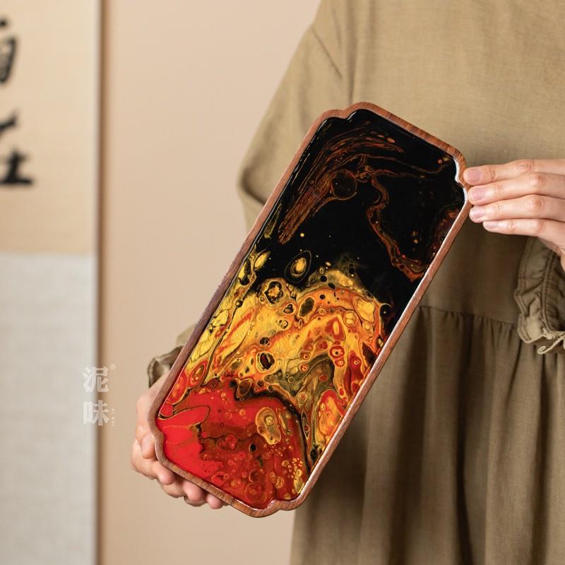 跨境仿古大漆树脂实木干泡茶盘家用简约茶台国风手绘托盘隔热木盘