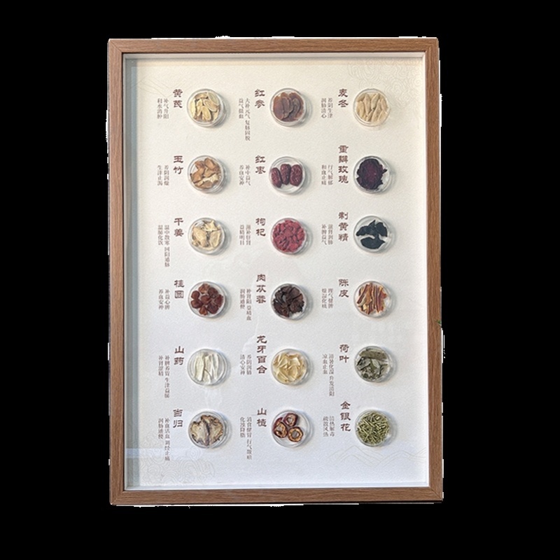 药食同源背景墙中药陈列拍照中药材辨识标本中药材标小药包药装饰