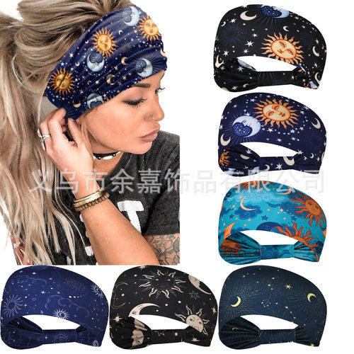 亚马逊时尚印花波西米亚星空弹力束发带女士宽边打结瑜伽头带头饰