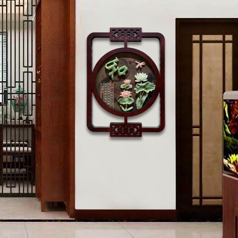 客厅装饰画新中式入户玄关走廊过道挂画3d立体浮雕树脂彷玉雕画