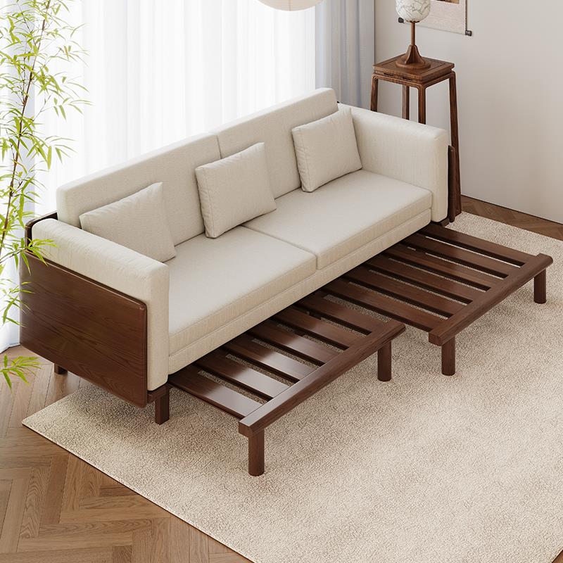 新中式沙发床折叠两用可拆洗棉麻设计小户型客厅卧室实木胡桃木色