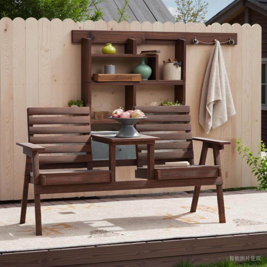 户外阳台实木桌椅炭化防腐木单双人家用靠背椅带茶几长公园休闲