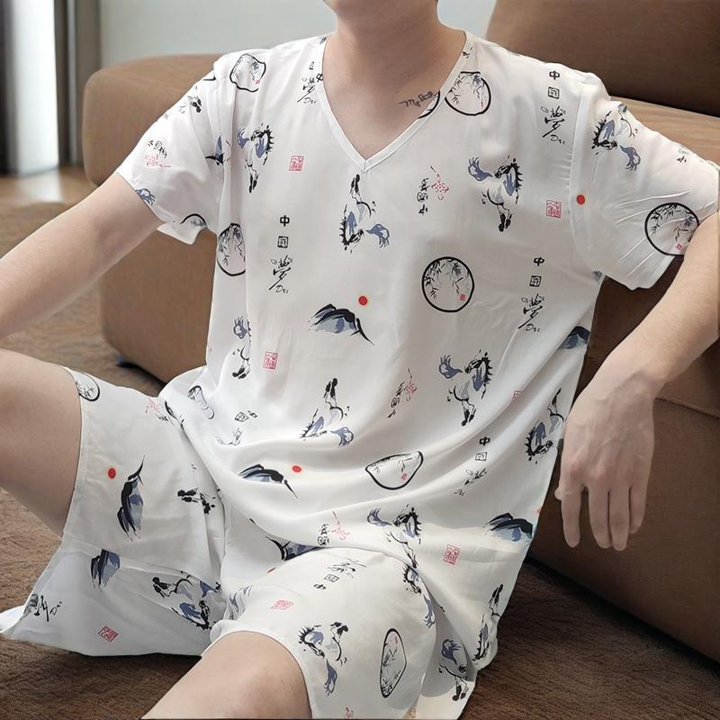 棉绸睡衣男夏宽松短袖薄家居服透气中年爸V领绵绸短裤大尺码两件
