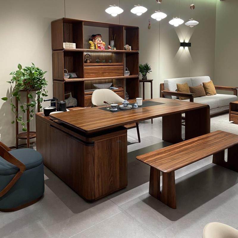 新中式茶台实木茶桌黑胡桃木茶桌椅组合现代简约泡茶台2025新款