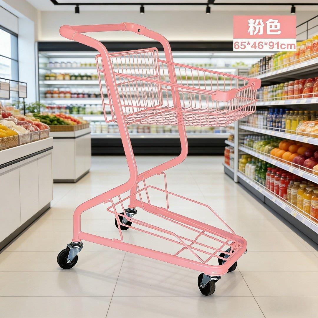 粉色双层超市购物车商场家用KTV手推车拍照道具网红店装饰小推车