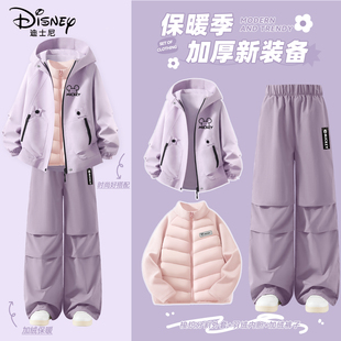 迪士尼女童加绒套装冬天一体绒棉裤2025新款女孩好看外套儿童冬装