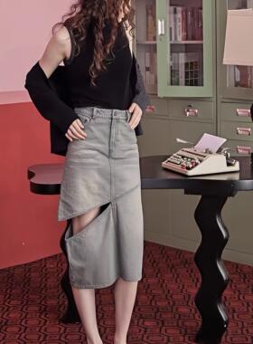 peur牛仔裙女中长款中腰半身裙纯色做旧小众通勤刀割设计原创小众