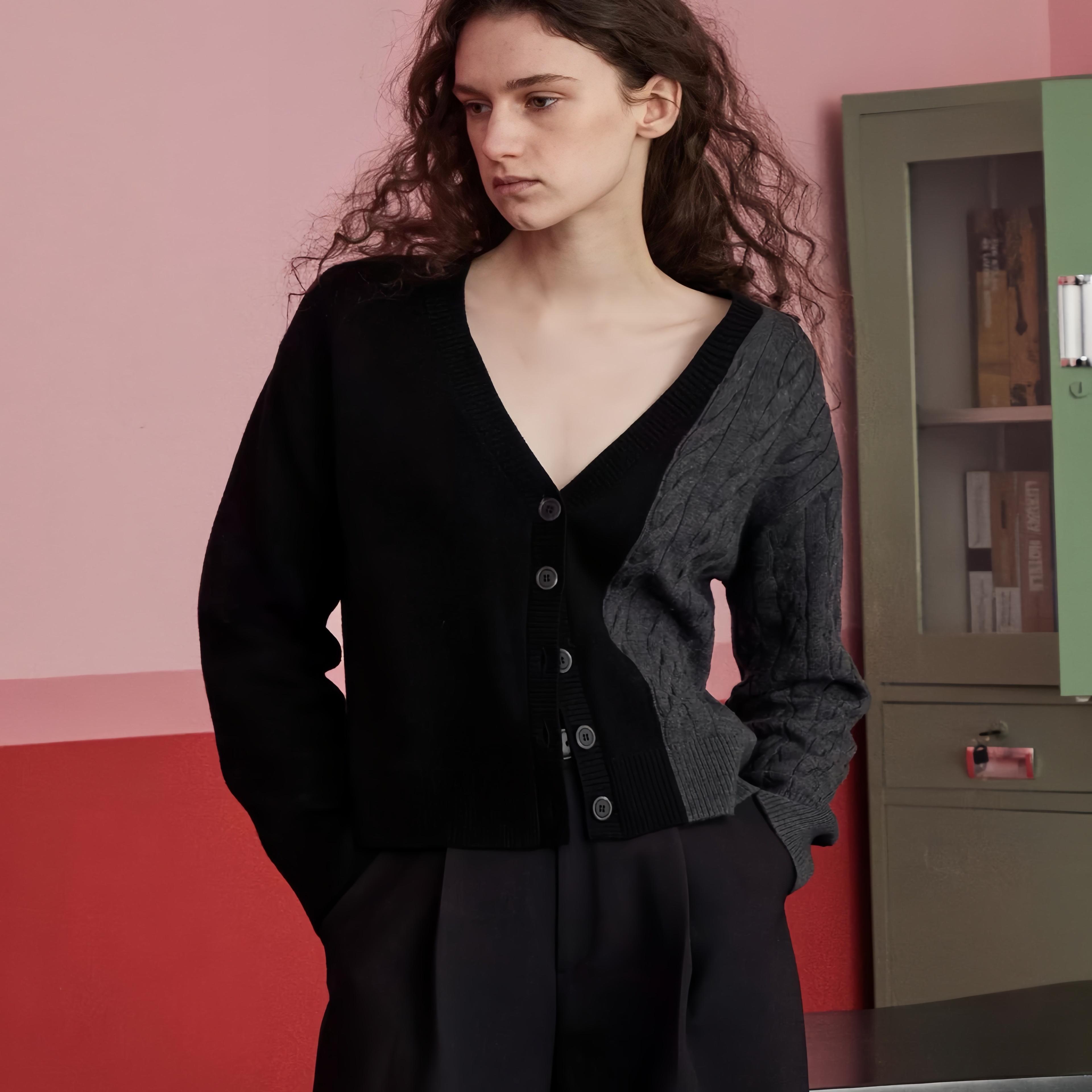 peur毛衣开衫针织拼接麻花v领纯澳洲羊毛亲肤撞色格雷系春季外套