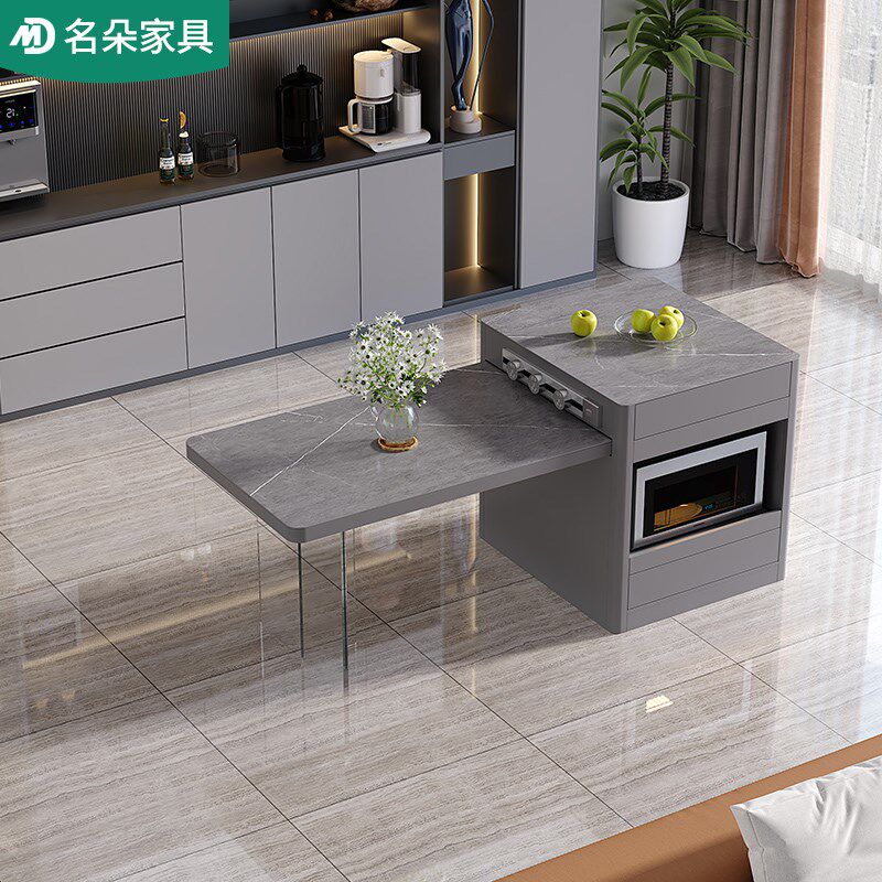 轻奢悬浮岛台餐桌一体伸缩家用吧台厨房小户型定制岩板茶桌5E43