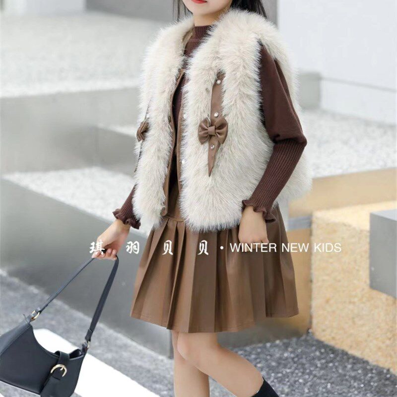 女童连衣裙冬装2024新款儿童洋气中大童皮草马甲加绒裙子三件套裙