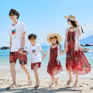 亲子装海边度假沙滩裙一家三口母女装大码显瘦吊带连衣裙长裙三亚
