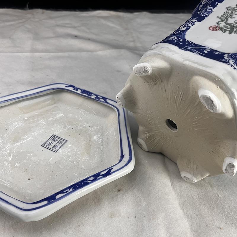 景德镇陶瓷花盆青花瓷花钵高脚新中式古典软装树盆梅兰竹菊带托盘
