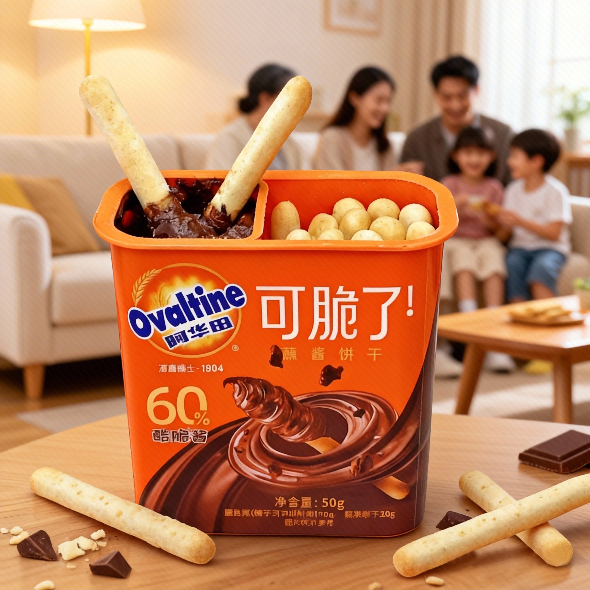 阿华田可脆了蘸酱全麦饼干可可味饼干巧克力儿童休闲零食盒装50g
