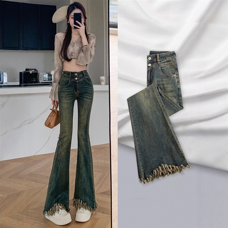 双扣流苏水泥灰微喇牛仔裤女秋冬季高腰V字加绒毛边怀旧拖地长裤