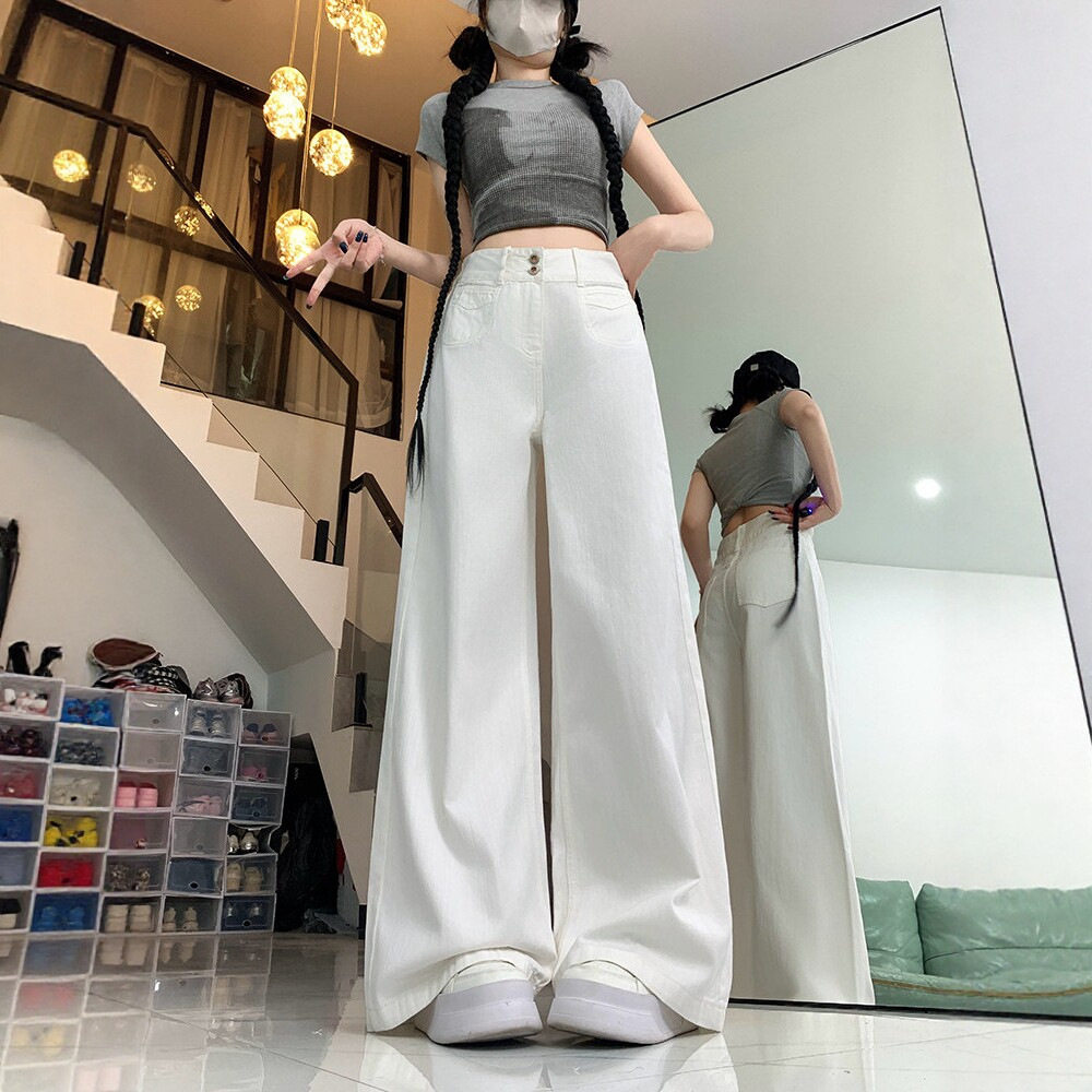 白色双扣阔腿牛仔裤女秋季新款大码宽松直筒高腰垂感显瘦拖地裤子