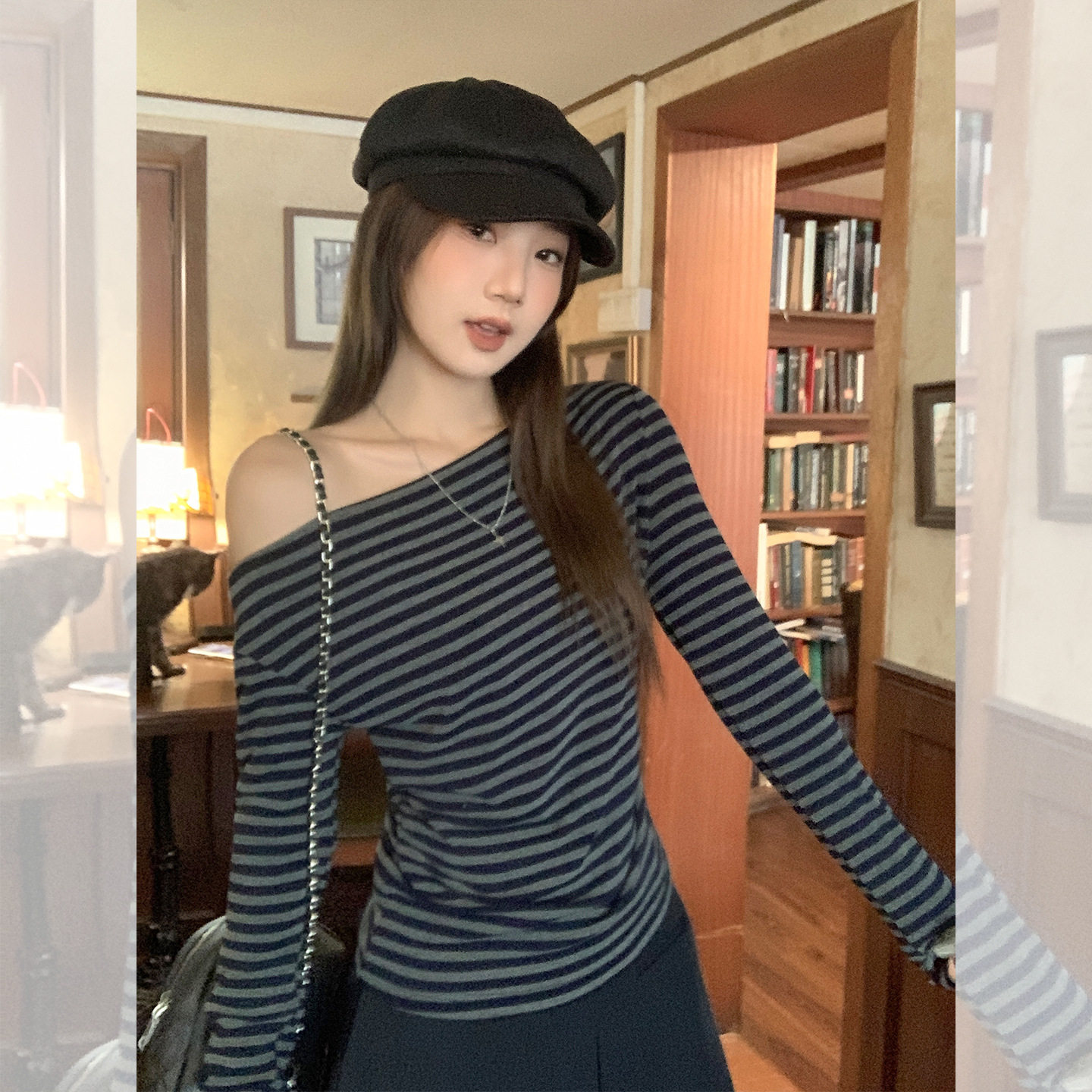 小众撞色条纹辣妹收腰长袖T恤女2026秋季韩系斜露肩褶皱打底上衣
