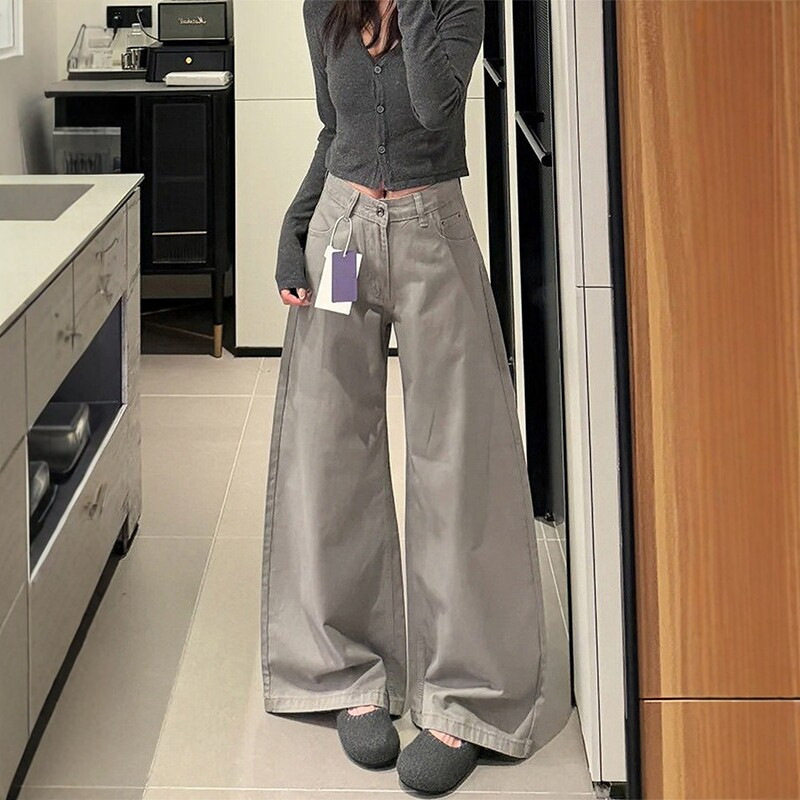 宽松慵懒风灰色阔腿裤女款2026新款秋季宽松显瘦A版牛仔拖地裤子