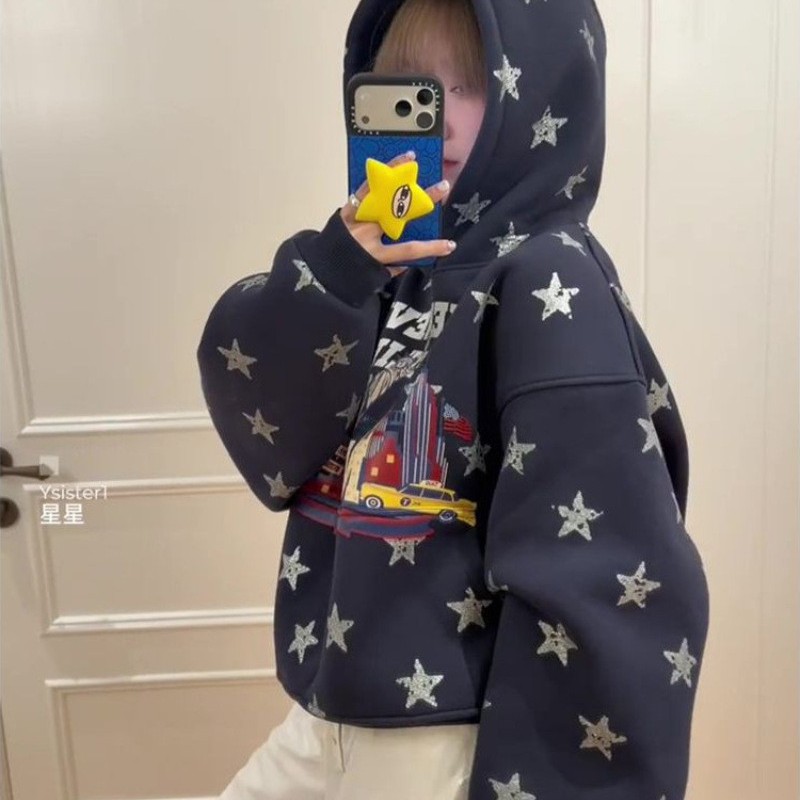 美式复古星星字母印花连帽卫衣女秋冬加绒加厚小个子宽松慵懒外套