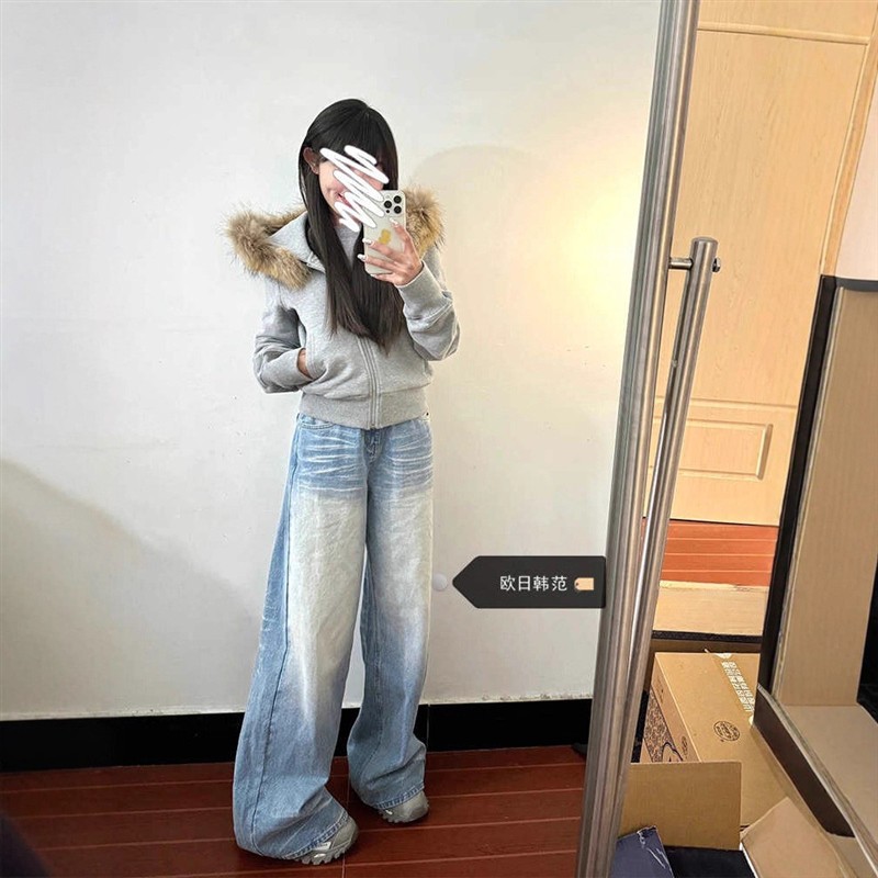 大码美式复古折痕水洗牛仔裤女秋冬高腰拖地长裤宽松直筒阔腿裤子