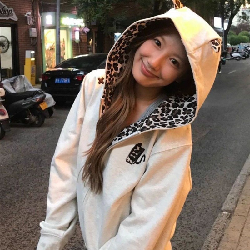 美式复古小恶魔豹纹连帽卫衣外套女秋季辣妹慵懒宽松运动上衣开衫