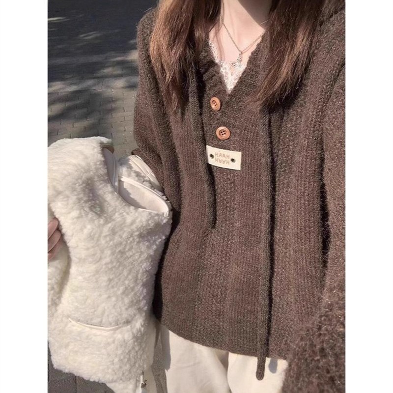 高级感咖色连帽毛衣女冬季慵懒风美拉德穿搭宽松外套针织衫上衣女