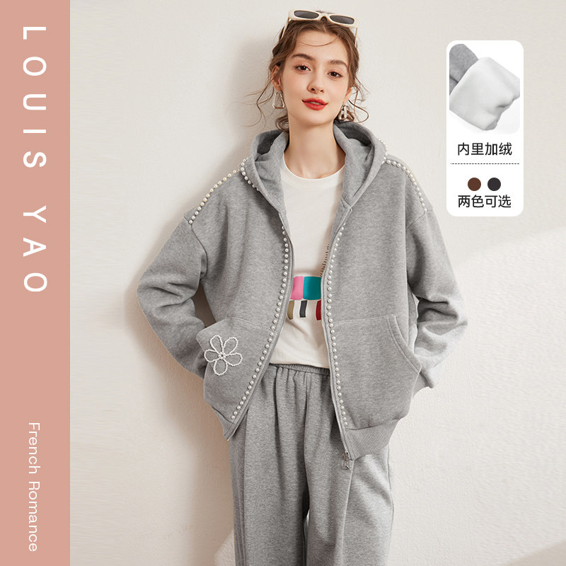 白鹿语加绒厚女式外套秋款气质休闲连帽钉珠口袋保暖上衣开衫