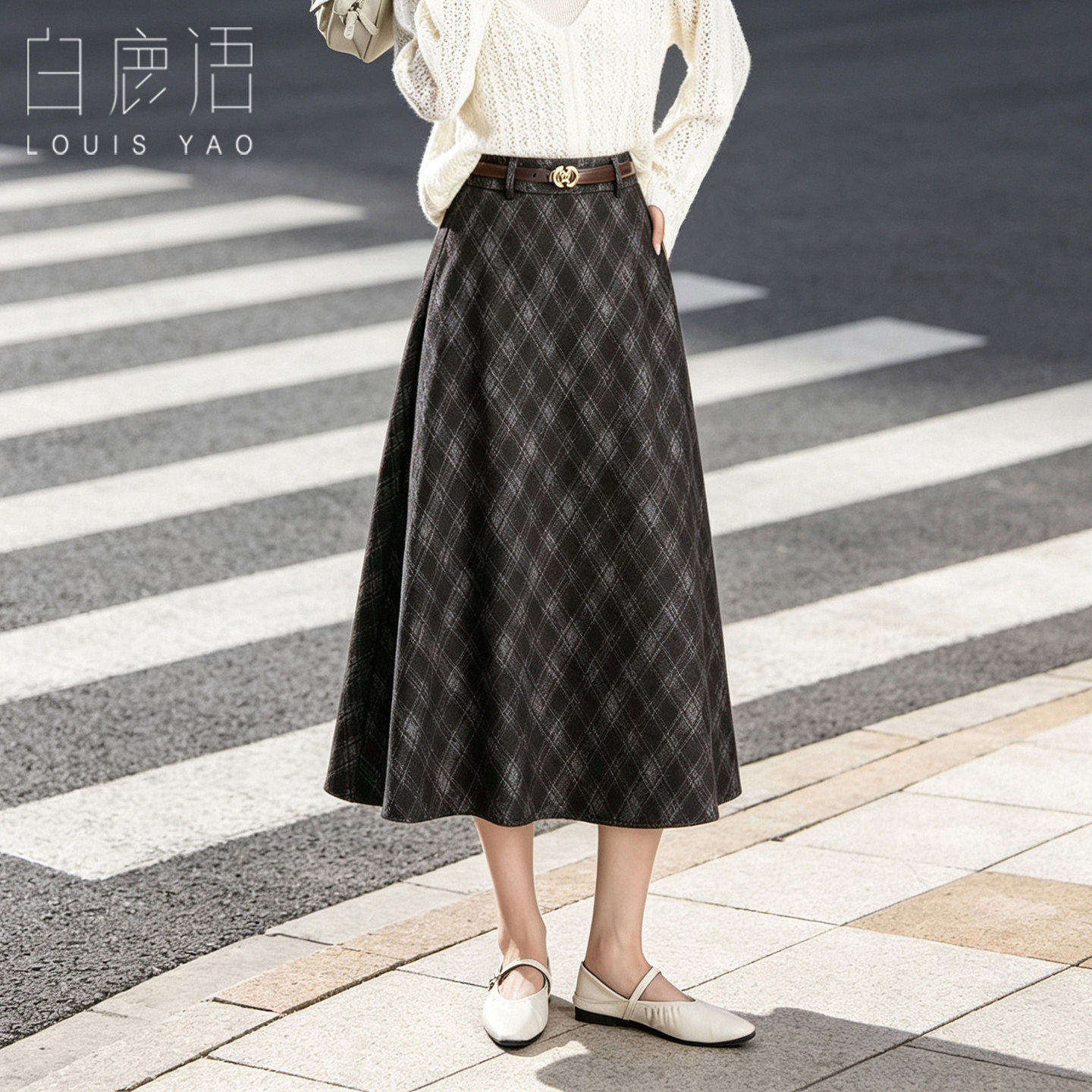 白鹿语复古格纹长款半身裙女26秋高腰微弹配腰带厚实垂感通勤长裙