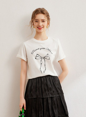 白鹿语减龄撞色蝴蝶结印花t恤26夏款简约字母圆领套头短袖女式T恤