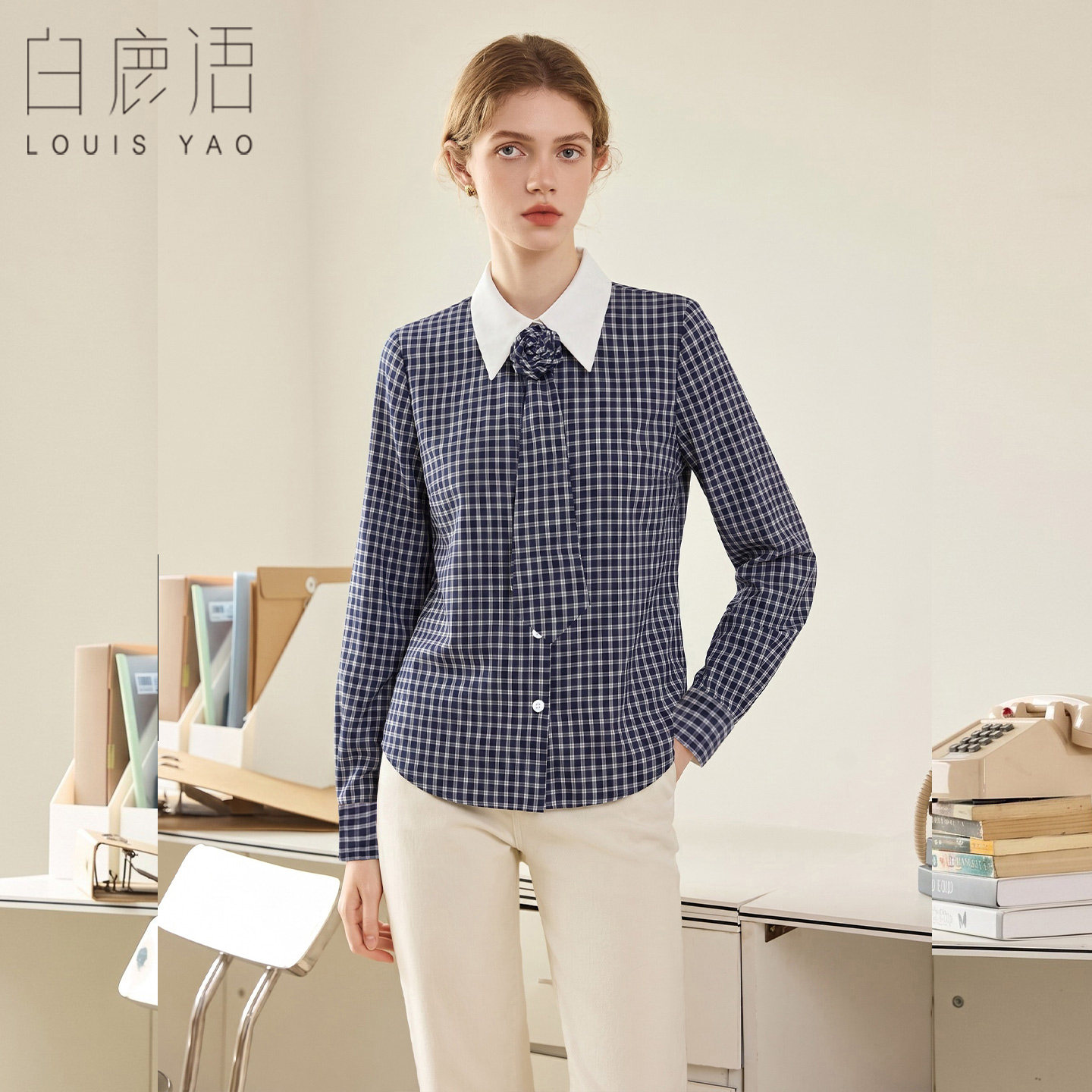 白鹿语学院风撞色翻领格子衬衫女26秋新款领结单排扣百搭通勤上衣图片