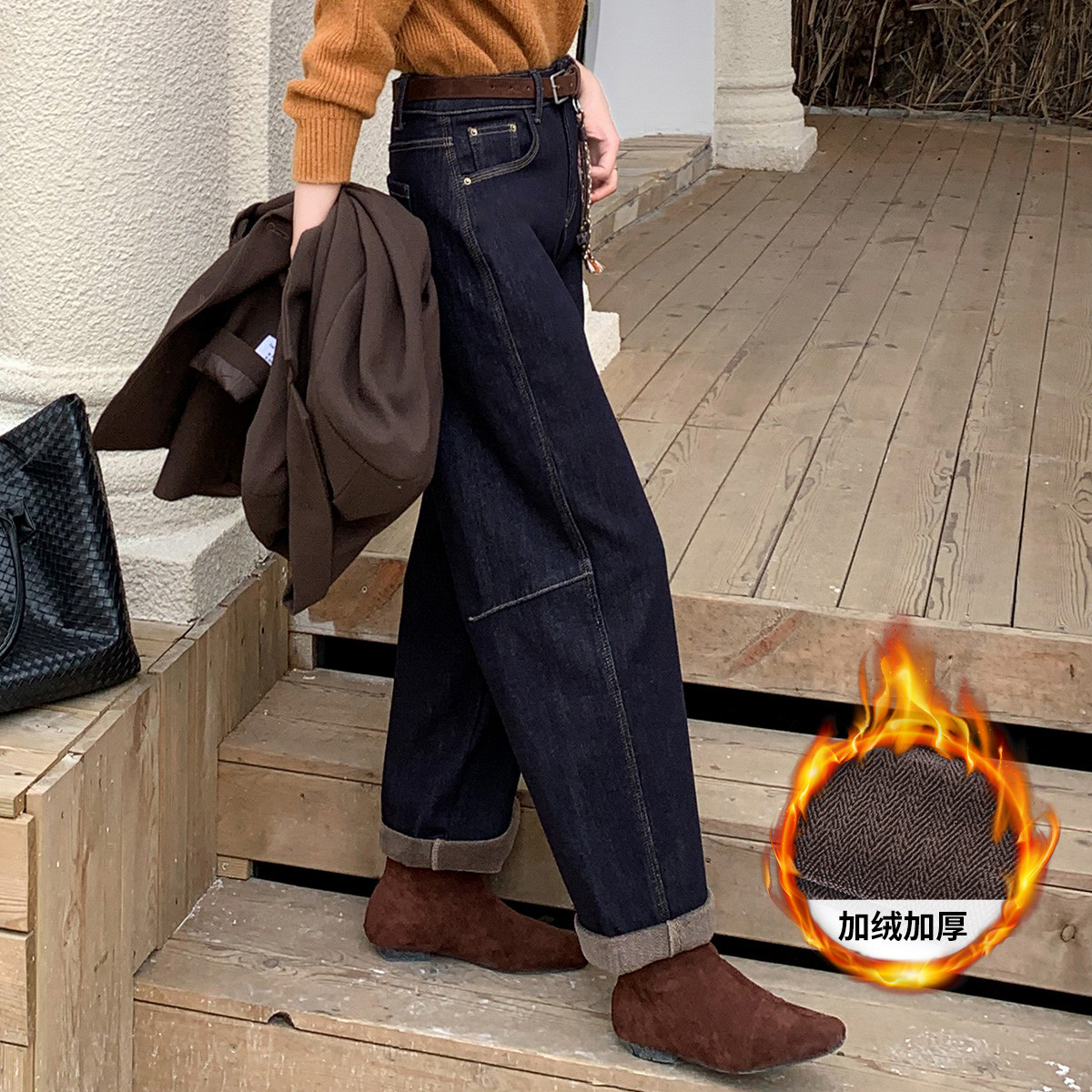 白鹿语加绒加厚直筒裤25秋冬新款慵懒感复古蓝高腰百搭保暖牛仔裤