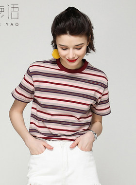 白鹿语设计感撞色条纹休闲T恤26夏新款时尚复古圆领短袖百搭T恤女