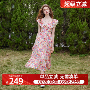 印花荷叶边方领女式 白鹿语田园风25夏季 无弹修身 新款 连衣裙子 长款