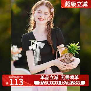 显瘦女T恤 白鹿语法式 甜美撞色立体花朵短袖 25夏新款 简约方领修身