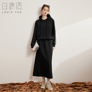 白鹿语连帽印花两件套春款时尚微弹织带橡筋腰半裙女卫衣套装