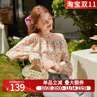 设计感度假风洋气长袖 25秋新款 上衣 复古一字领碎花衬衫 白鹿语法式