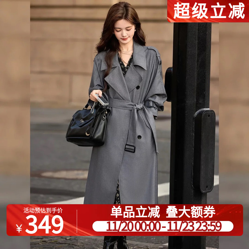 白鹿语英伦风廓形风衣2025秋新款高级感气质百搭长款系带大衣外套