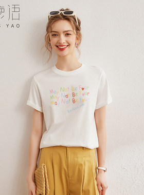 白鹿语字母彩色印花t恤26夏款时尚休闲全棉简约套头宽松短袖女T恤