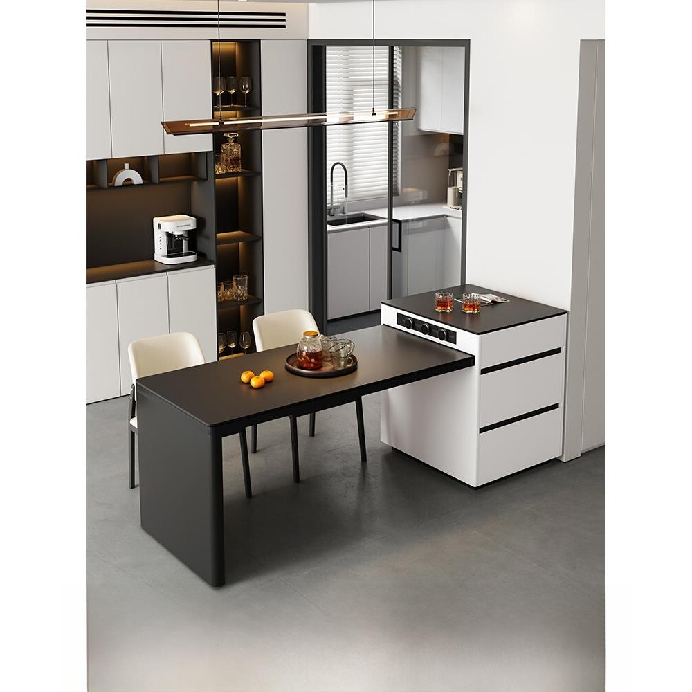 北欧轻奢可伸缩岛台餐桌一体现代简约岩板饭桌厨房中岛台圆弧形家