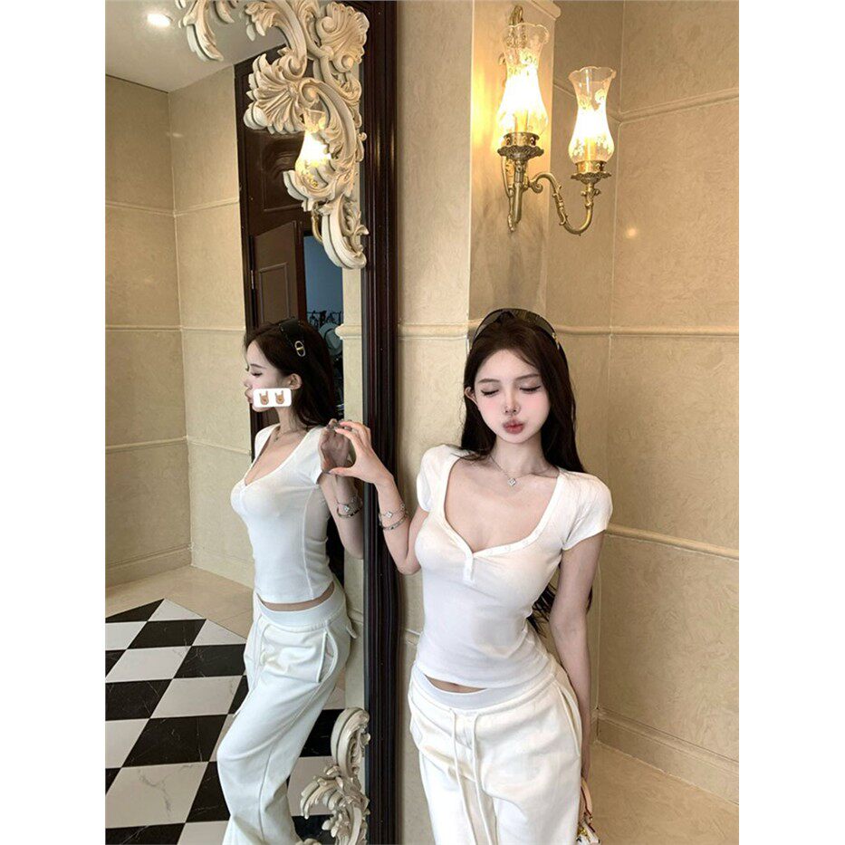 白色辣妹v领短袖T恤女夏季修身显瘦内搭设计感简约紧身打底衫上衣