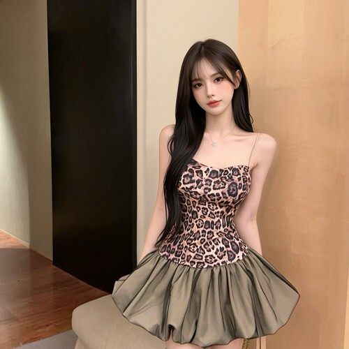 美式复古辣妹豹纹吊带拼