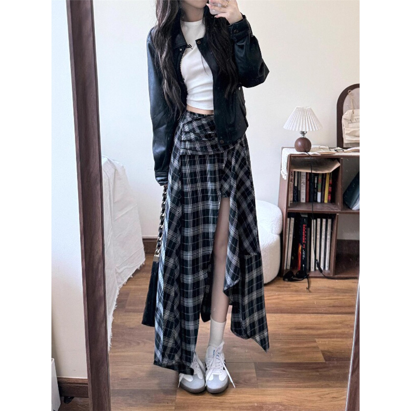 高腰韩版黑白格纹不规则